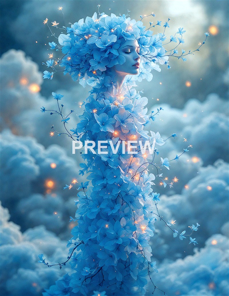 A surreal digital artwork of a woman's face and upper body seamlessly blended with and covered in blue flowers, with glowing lights and a dreamy sky background.